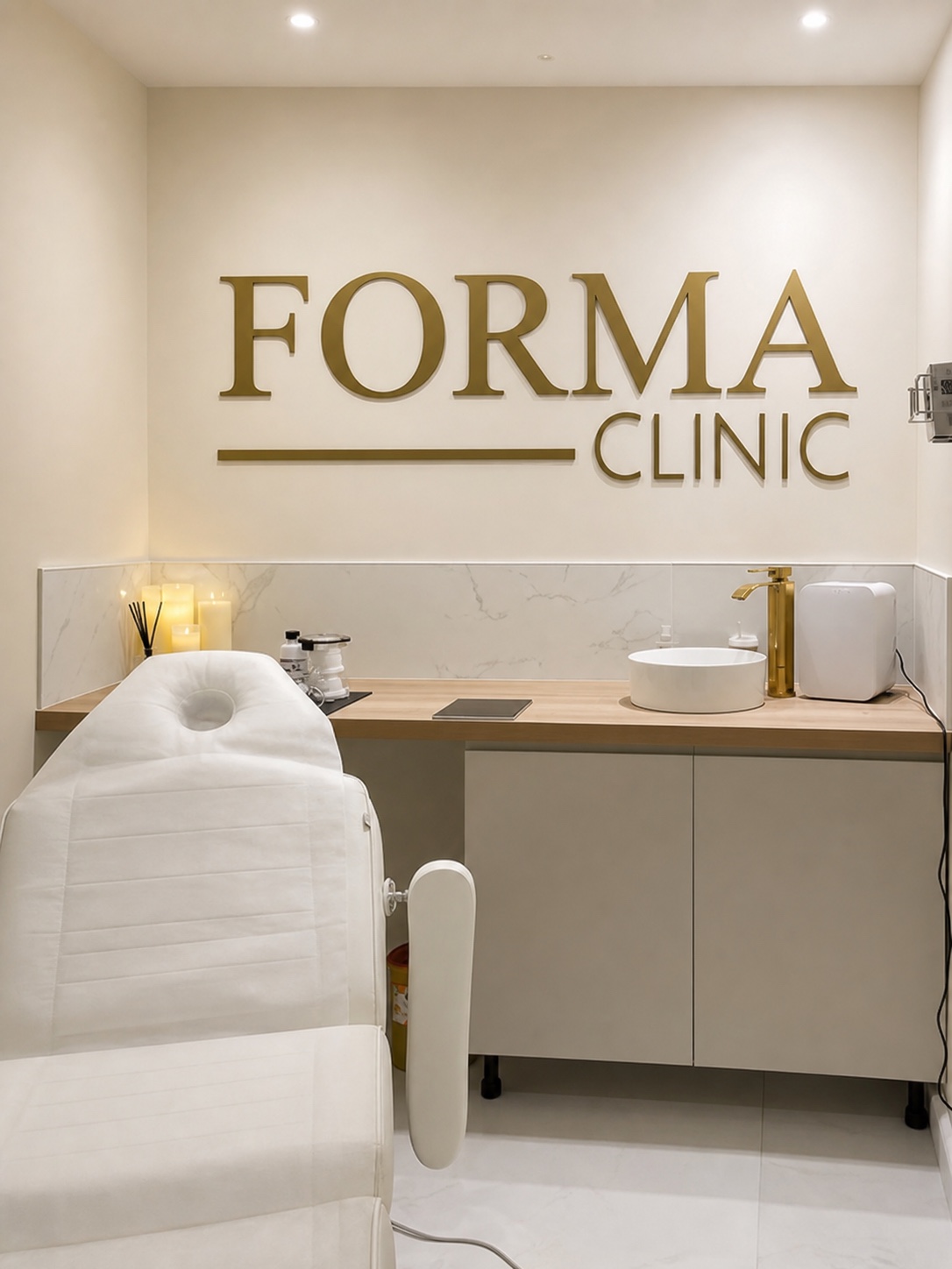 Straightened view of the private Forma Clinic treatment room